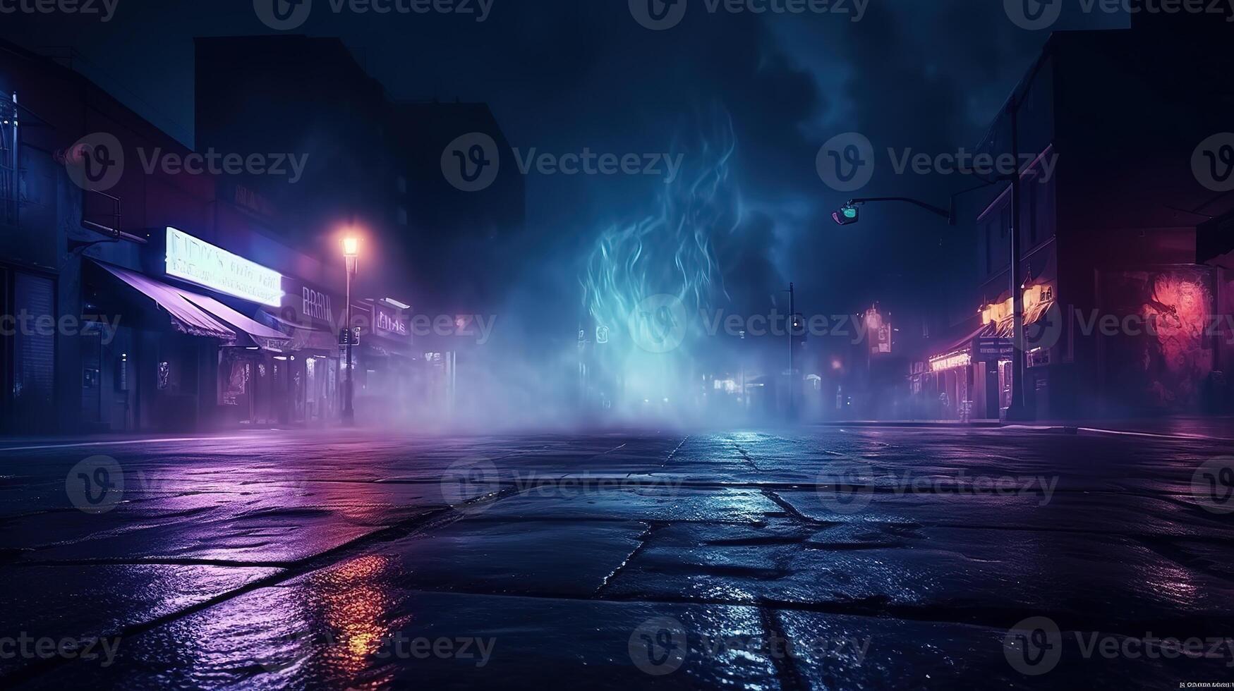 AI generated Rain Road Wet Asphalt Reflection of Neon Lights photo