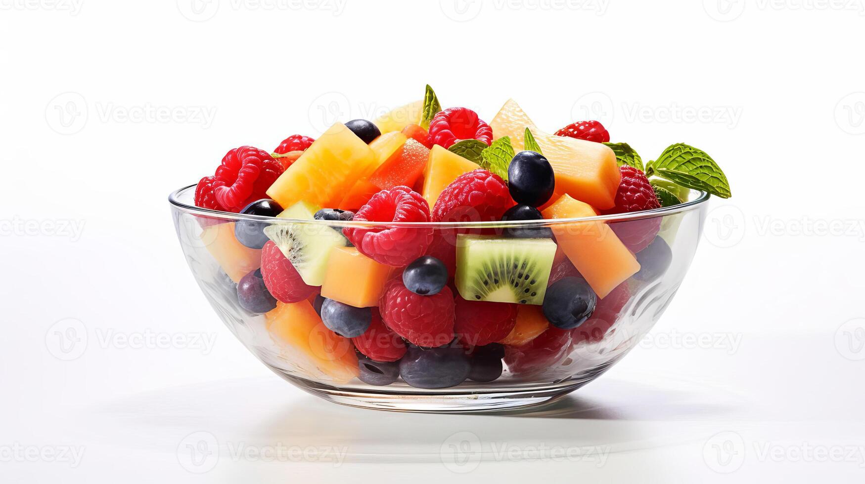 ai generado Fruta ensalada en un vaso cuenco en un blanco antecedentes. foto