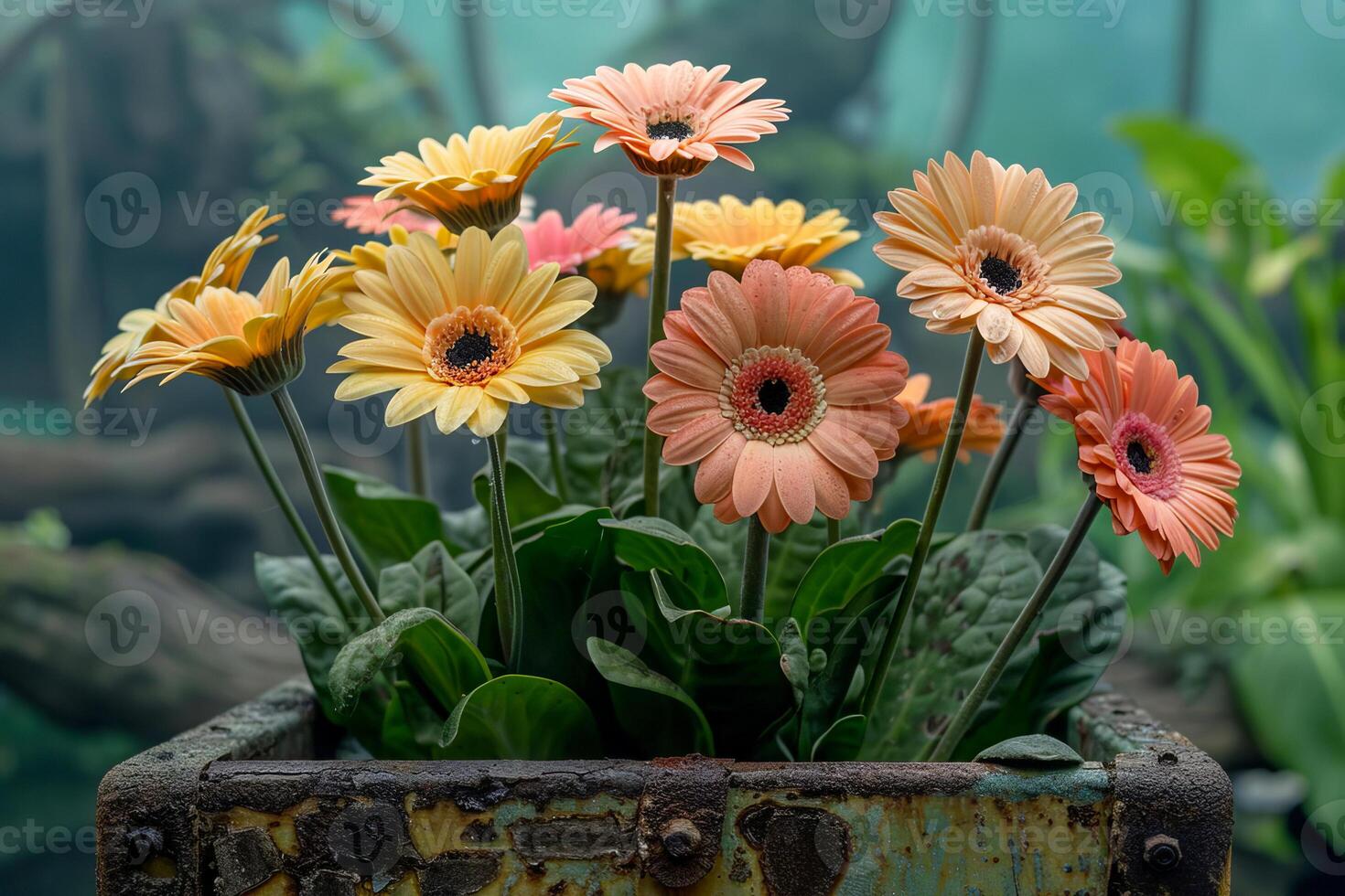 Bouquet of beautiful gerberas in a container. AI generated. photo