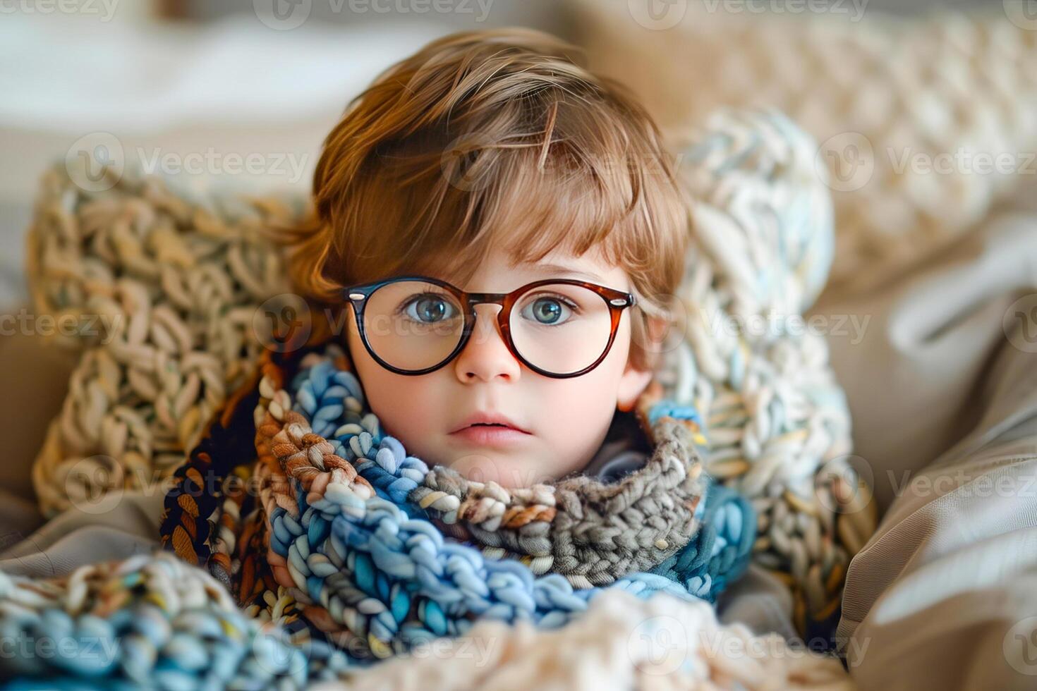 AI generated Small boy has sore throat, lies in bed with a scarf on his throat. AI generated. photo