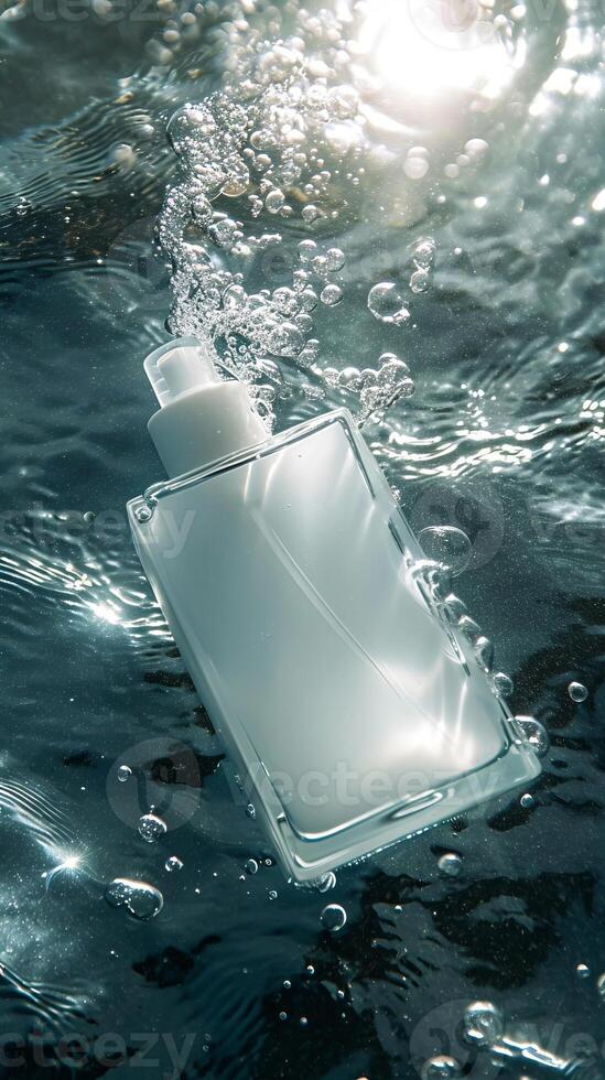 AI Generated A cosmetic bottle immersed in clean water. photo