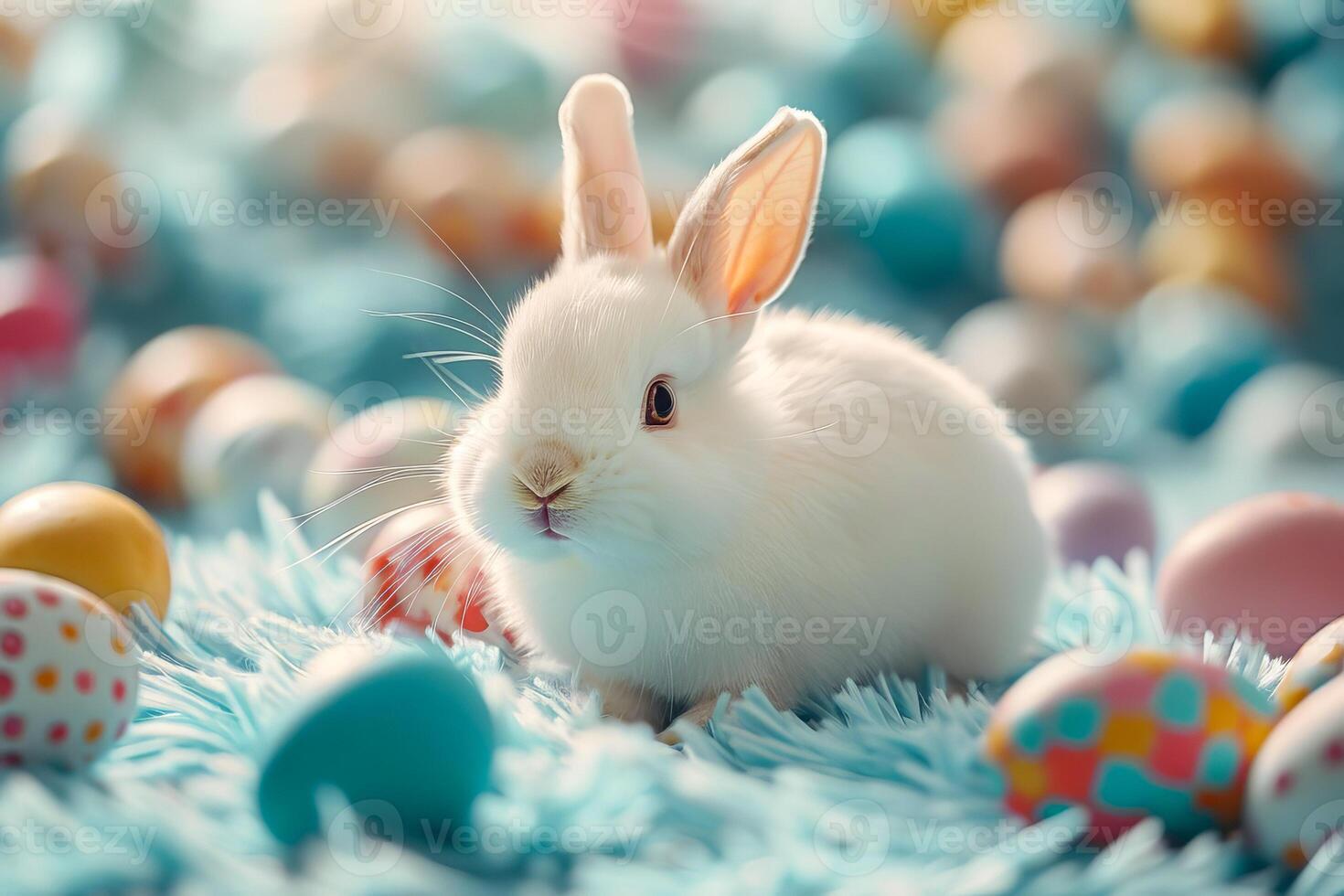 AI generated Cute bunny surrounded by colorful Easter eggs in a fabulous spring forest in the morning. AI generated. photo