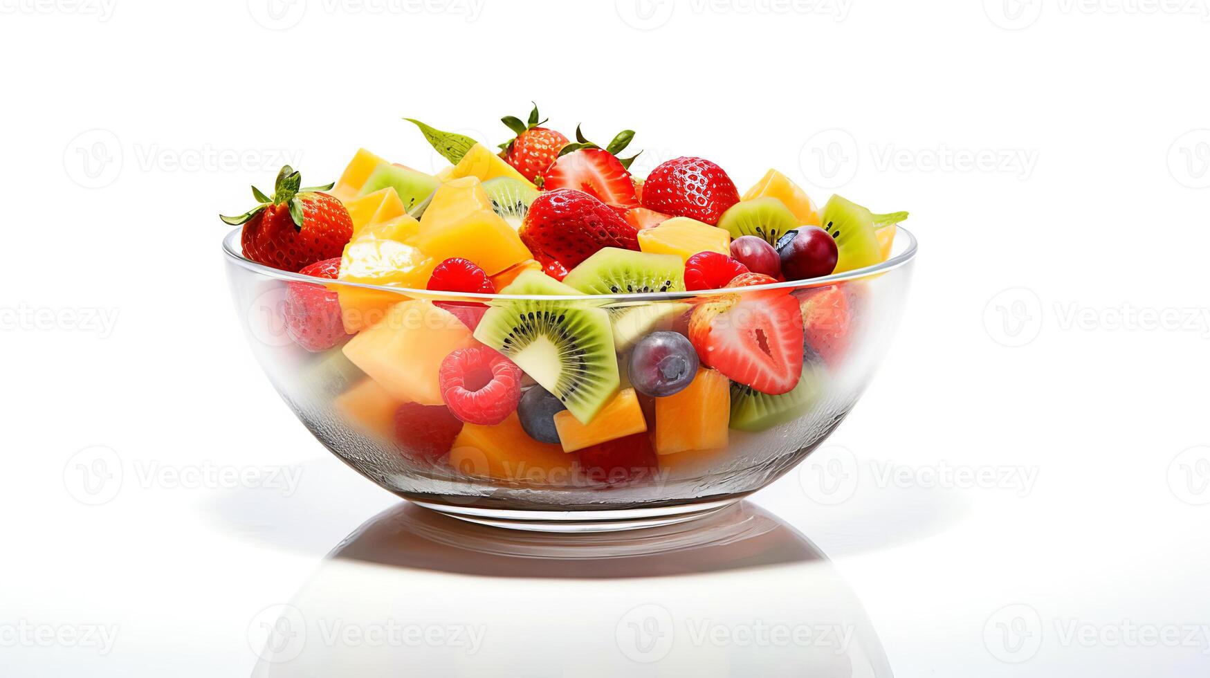 AI Generated Fruit salad in a glass bowl on a white background. photo