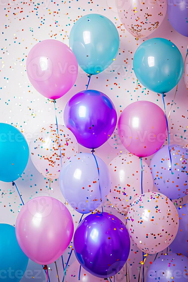 AI Generated Balloons in pastel colors and confetti on a white background. photo