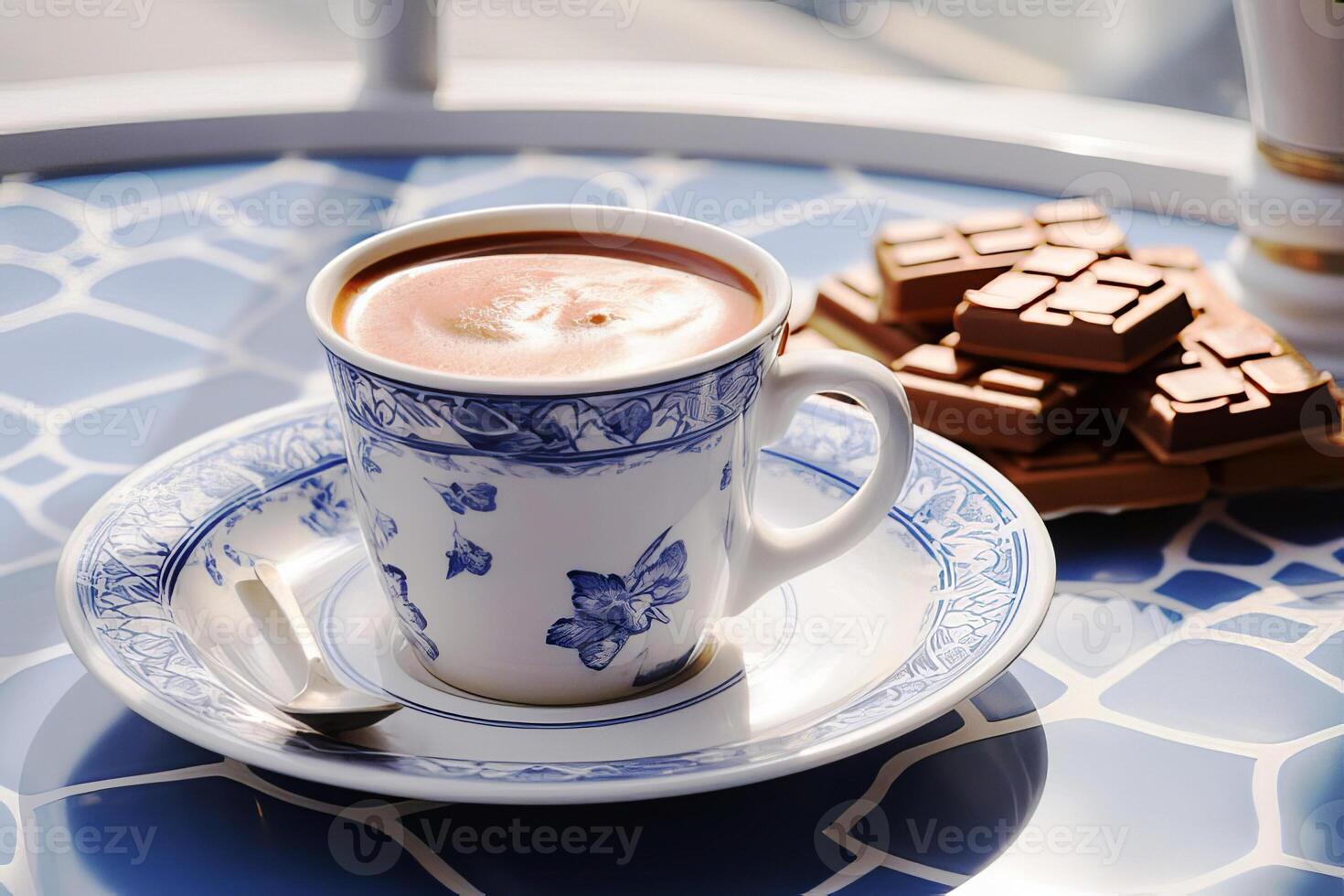ai generado un taza de caliente chocolate en un mesa con azul y blanco loseta superficie. foto
