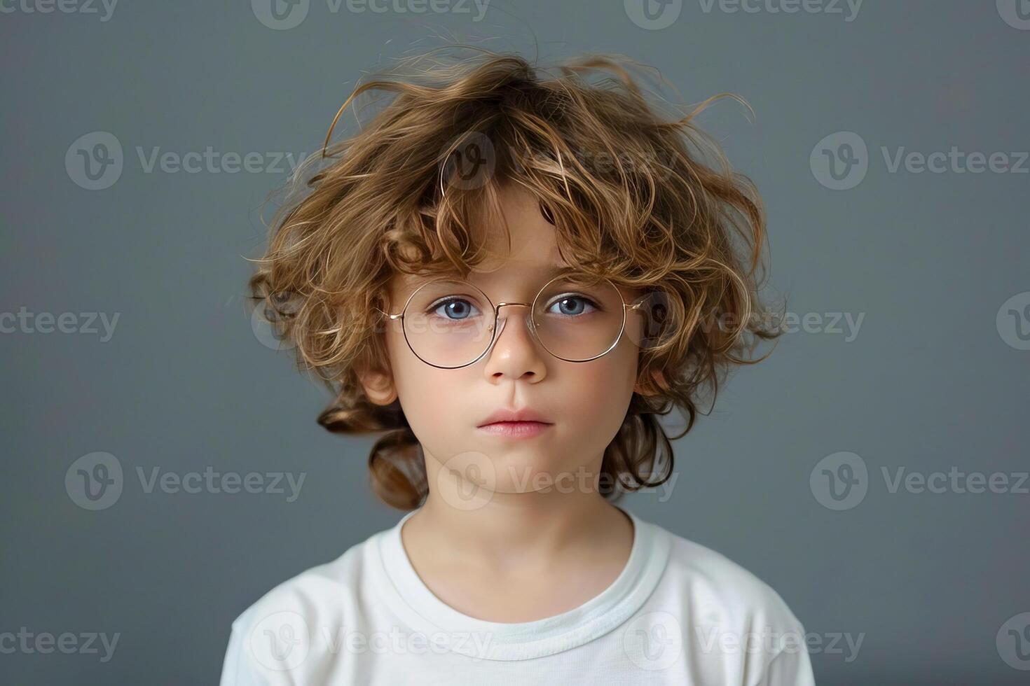 AI generated Close-up portrait of a small smart serious boy wearing glasses. AI generated. photo