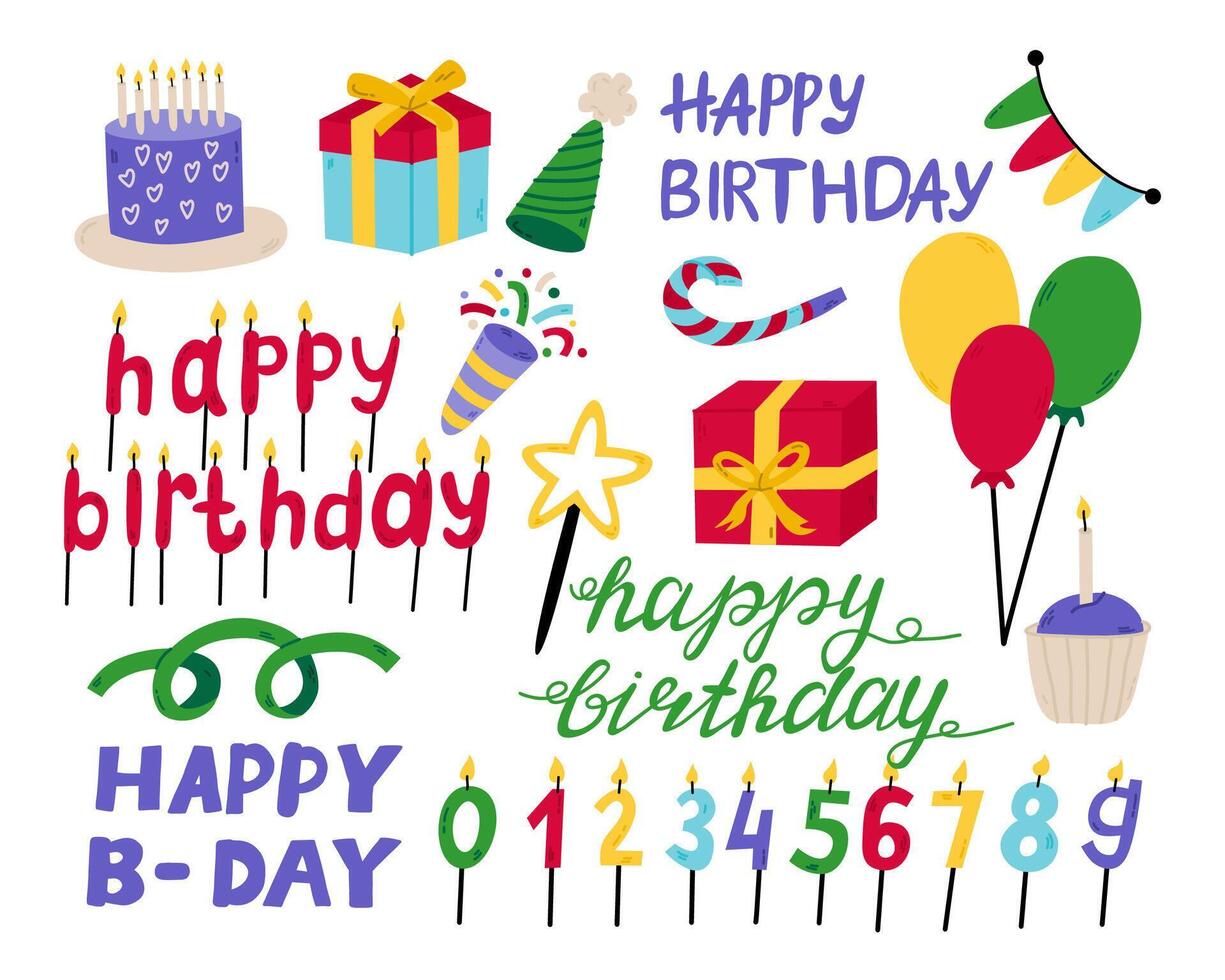vistoso globos y cumpleaños regalos fuegos artificiales, globos y pastelitos aislado vector ilustración íconos colocar.