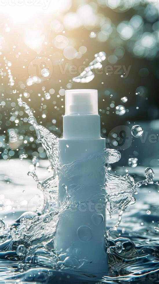 AI Generated A cosmetic bottle immersed in clean water. photo