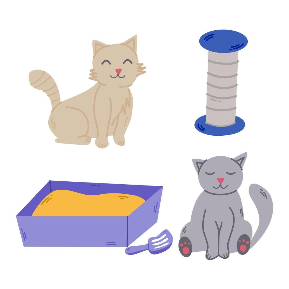 dibujos animados vector ilustración. linda gato y suministros. gracioso gatito jugando con juguete.