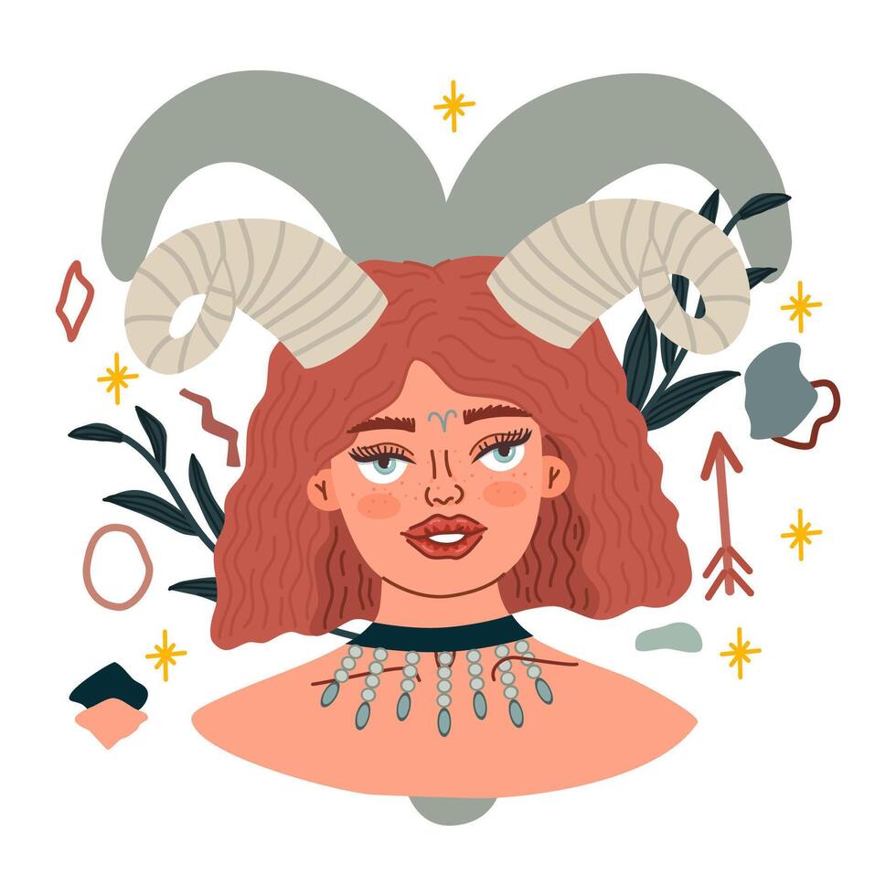 Aries zodiac sign. Horoscope. Illustration of Aries astrological sign of beautiful girl with horns. Vector art.  Modern astrology symbols. Flat vector illustrations.