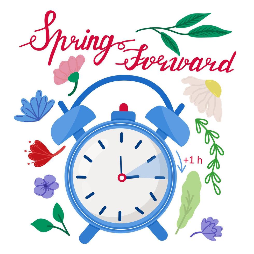 Daylight Saving Time concept banner. Vector illustration of clock. Spring Forward concept in cartoon doodle style with funny clock flower and schedule of changing clocks  on summer time