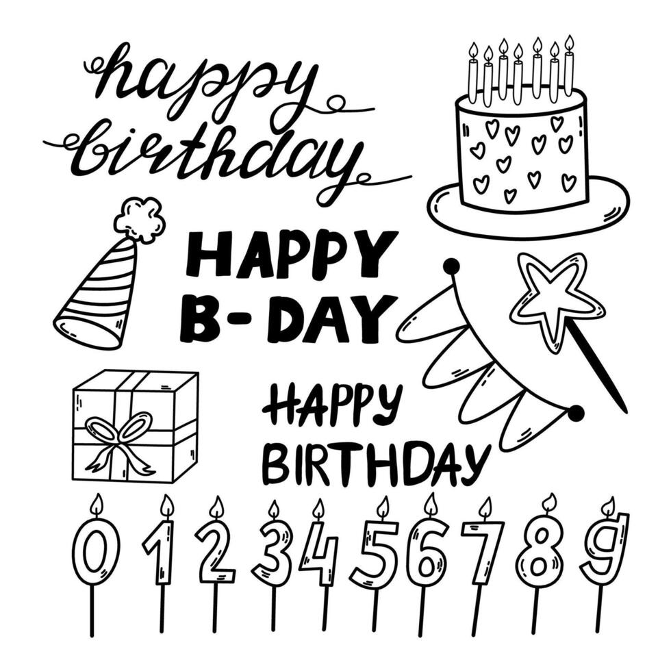 Happy Birthday doodle set. Sketch party decoration, gift box, cake, party. Use the happy birthday concept to invite you to design an item. vector