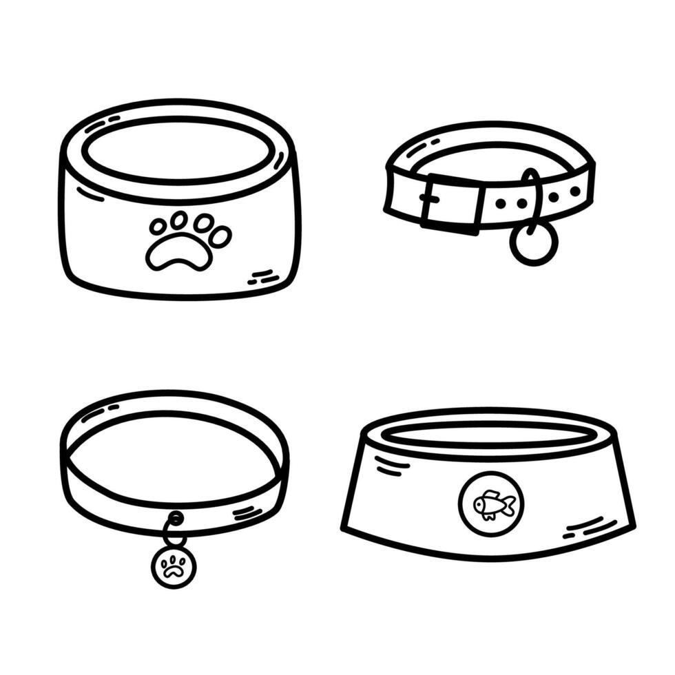 Cat Bowls and collars set and veterinary. Outline symbol collection. vector