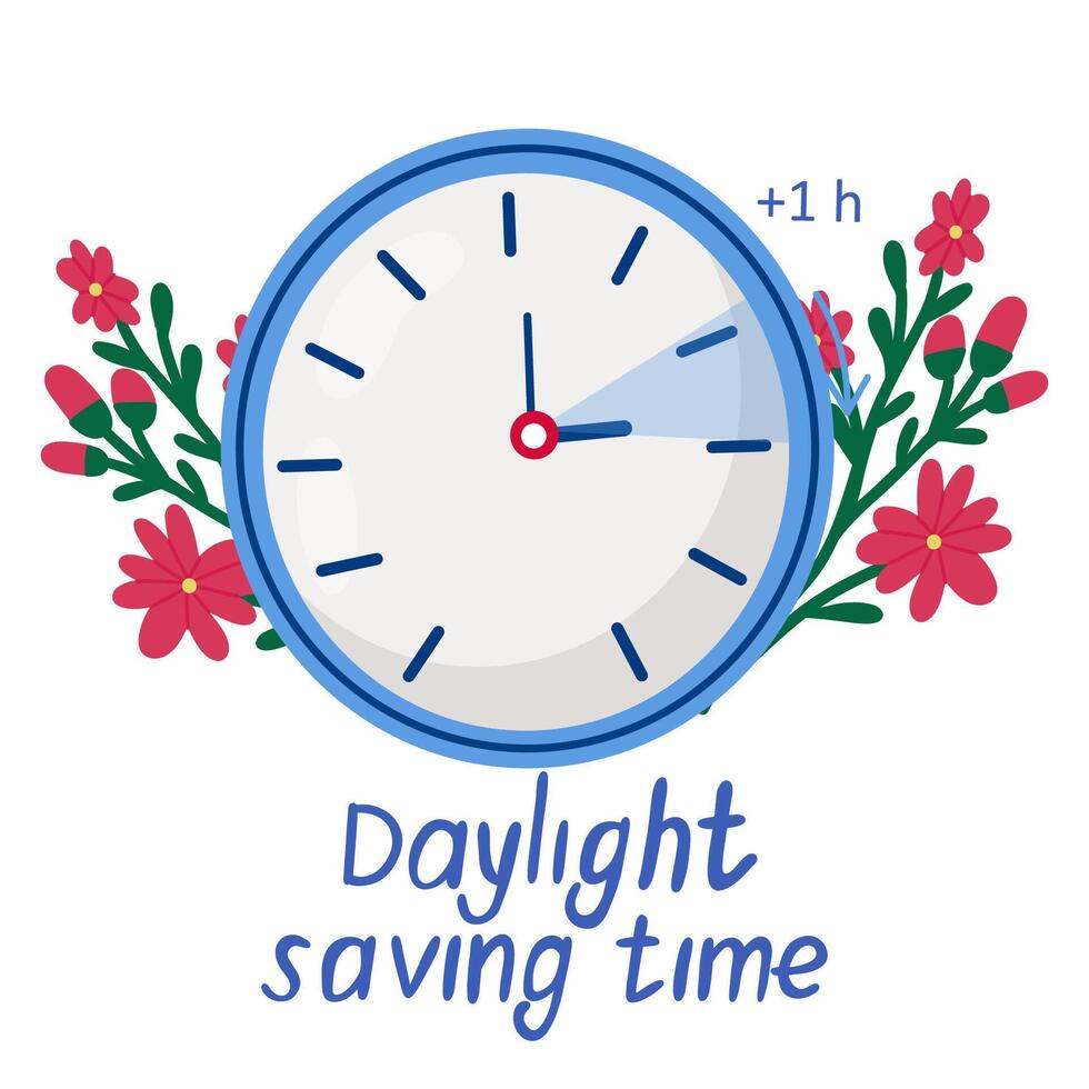 Daylight saving time .  Alarm clock with flowers and leaves.Clock set to an hour ahead. vector