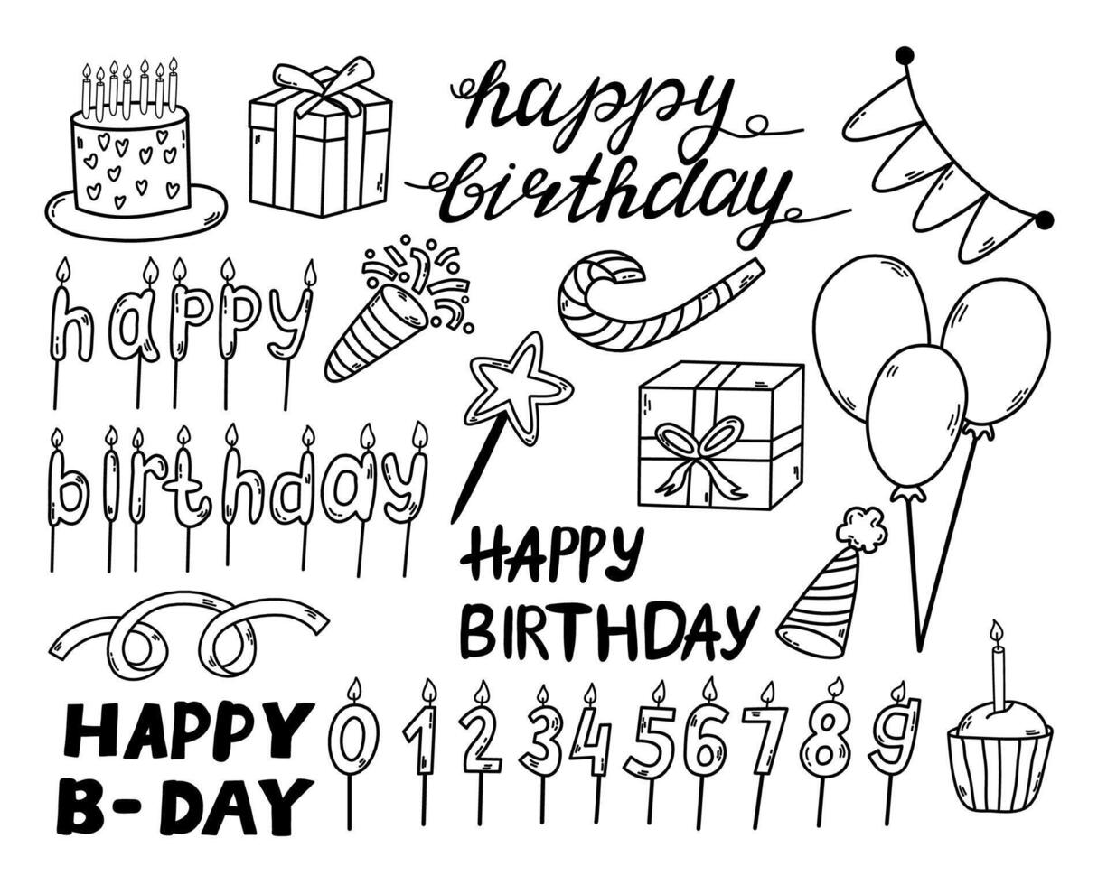 Party and celebration design balloon, gifts, fireworks, ribbon, confetti, cake drinks. Set of Happy Birthday doodles. vector