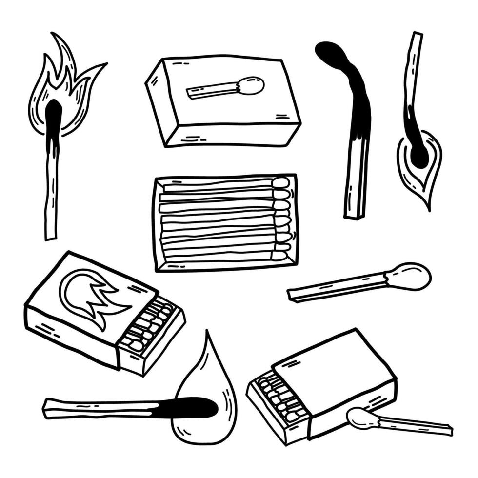 Illustration of doodle . Set  matches. Burning fire, matchboxes, match burns, flame, spark. vector