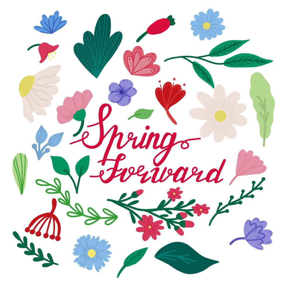 luz ahorro concepto letras. primavera adelante tiempo. vector ilustración . floral decoración con diferente sabores