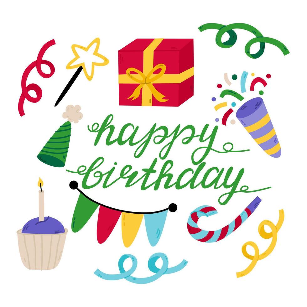 Happy birthday  elements set. Greeting card with text Happy Birthday. vector