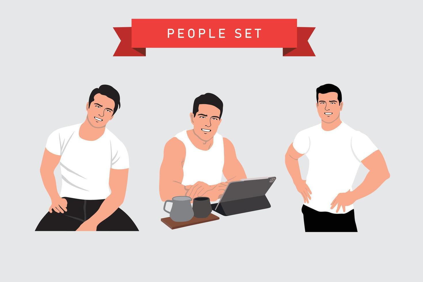 Men in casual clothes with a laptop. Vector illustration in flat style