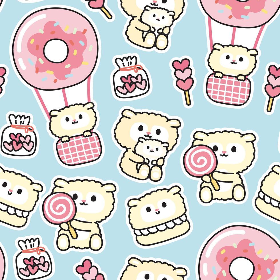 Seamless pattern of cute sheep in various poses background.Heart cookies,candy,macaron,balloon,donut hand drawn.Farm animal character cartoon design.Baby clothing.Kawaii.Vector.Illustration. vector