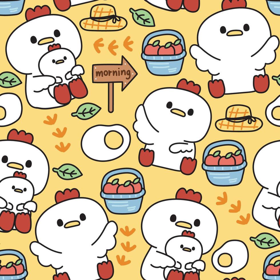 Seamless pattern of cute hen with tiny icon background.Hat,apple,fried egg,leaf,morning text.Farm animal character cartoon design.Baby clothing.Kawaii.Vector.Illustration. vector