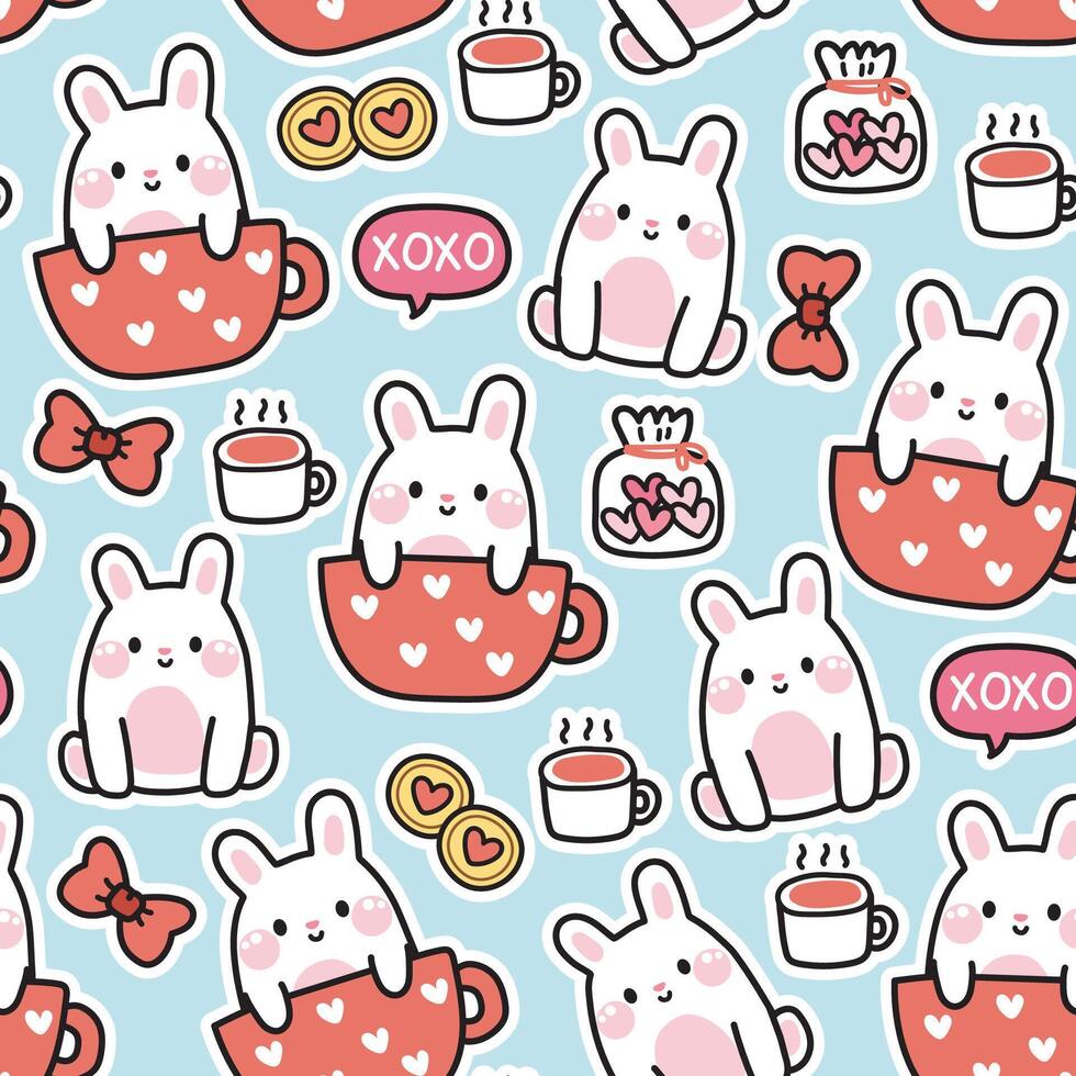 Seamless pattern of cute rabbit in coffee cup with various tiny food icon background.Bunny.Rodent animal character cartoon design.Cookies,bow,tea,coffee.Valentines.Kawaii.Vector.Illustration. vector