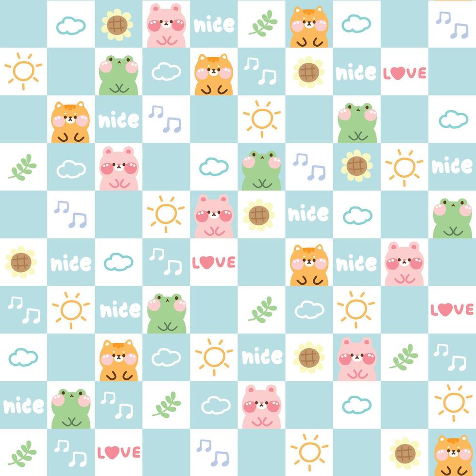 Seamless pattern of cute animals with tiny icon on rectangular background.Rabbit,frog,cat animal hand drawn cartoon.Sun,note,cloud,leaf,sunflower.Baby clothing.Kawaii.Vector.illustration. vector