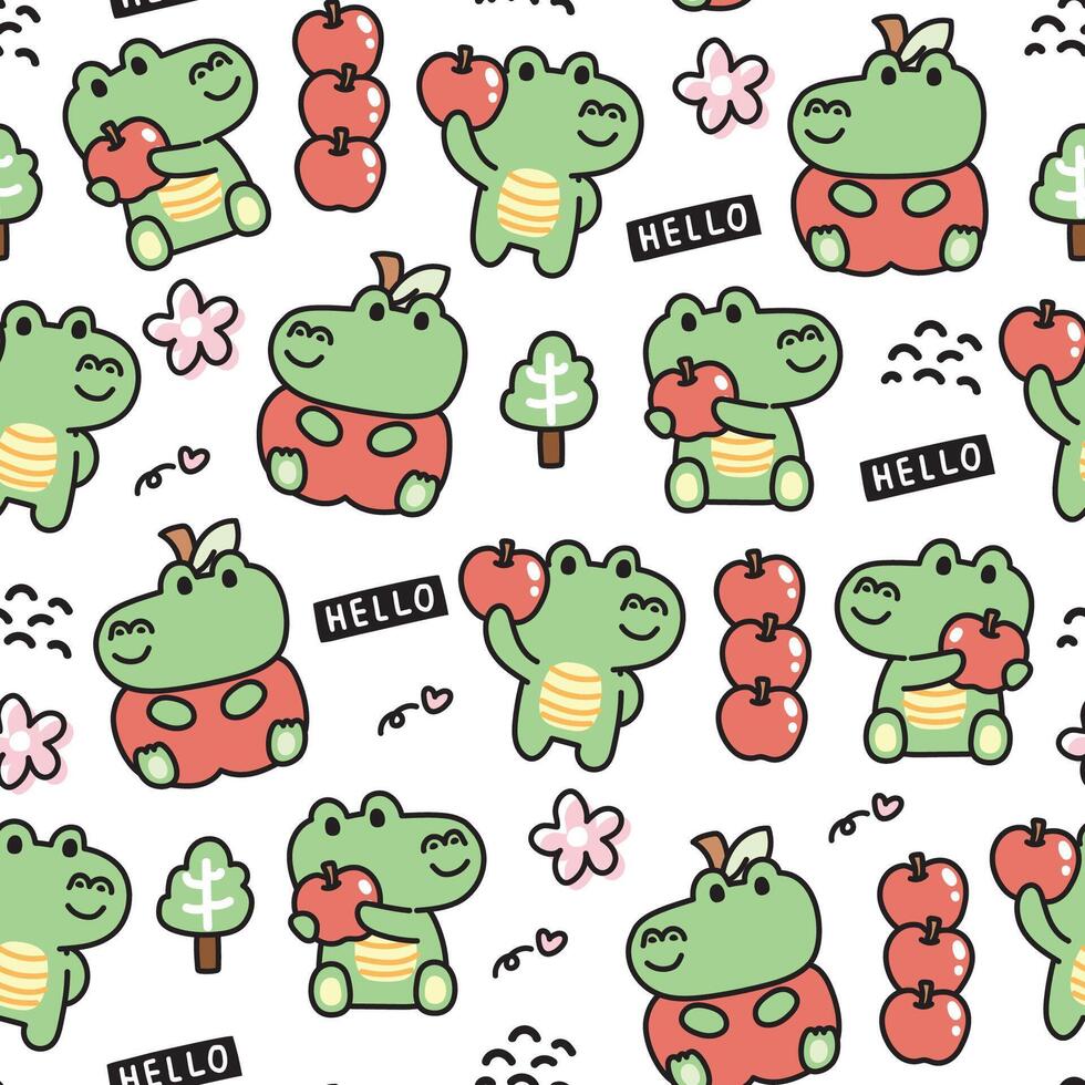 Seamless pattern of cute crocodile with tiny icon on white background.Hello text,flower,apple,heart,tree hand drawn.Reptile animal character cartoon design.Kawaii.Vector.Illustration. vector