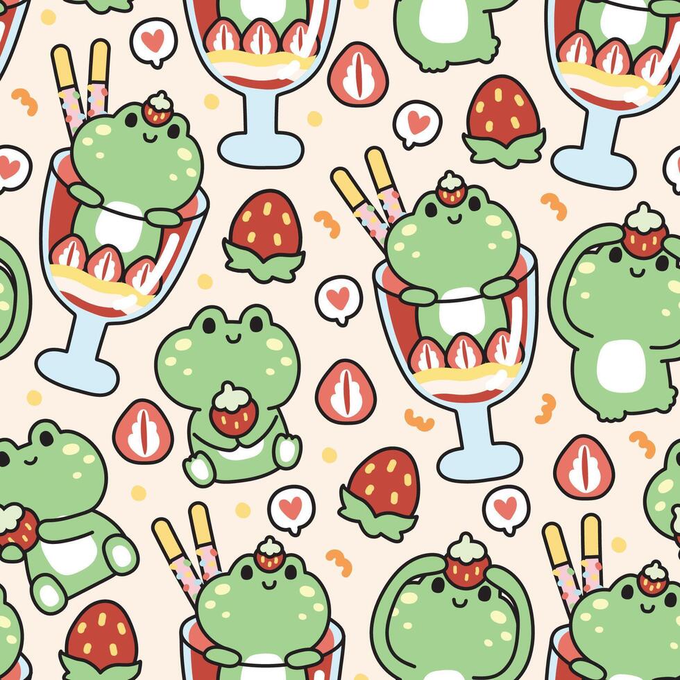 Seamless pattern of cute frog with strawberry ice cream background.Reptile animal character cartoon.Dessert hand drawn.Baby clothing.Kawaii.Vector.Illustration. vector