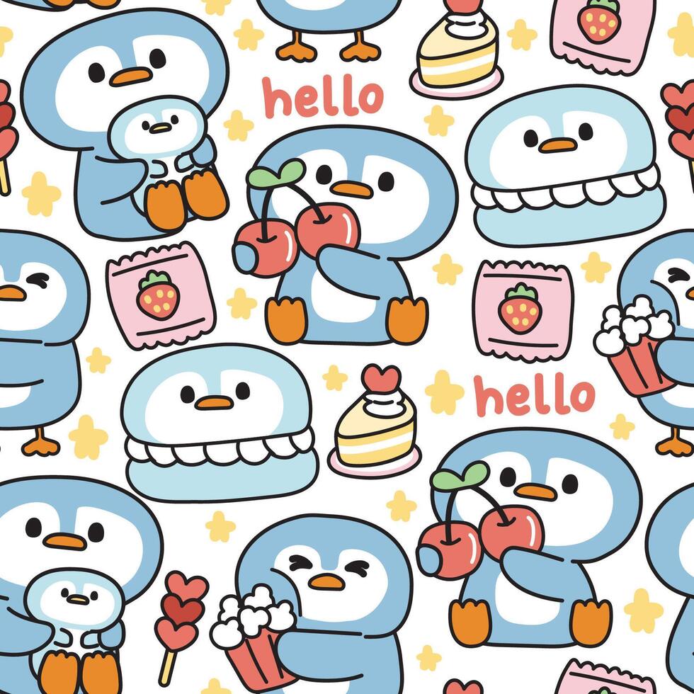 Seamless pattern of cute penguin in various poses with tiny icon on white background.Cherry,cake,candy,star hand drawn.Bird animal character cartoon.Kawaii.Vector.Illustration. vector