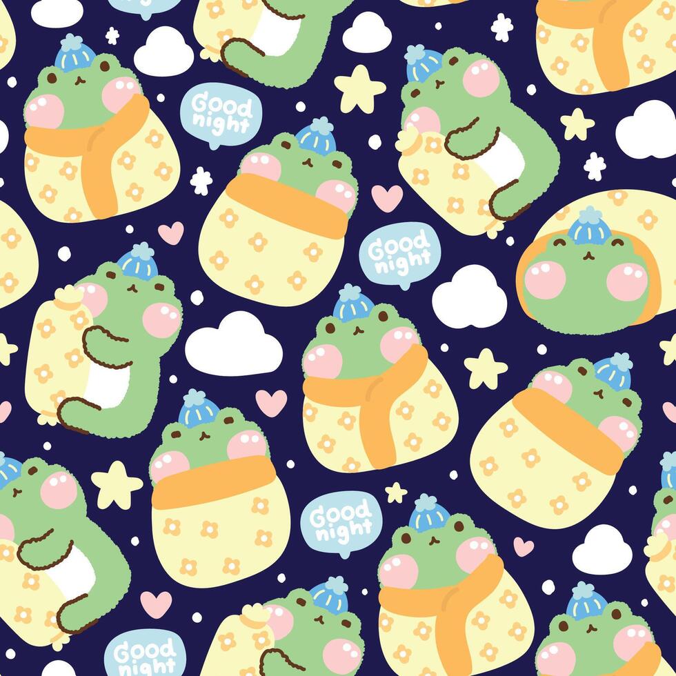 Seamless pattern of cute frog with pillow in sleep poses on night sky background.Cloud,star,heart hand drawn.Reptile animal character cartoon design.Kawaii.Vector.Illustration. vector