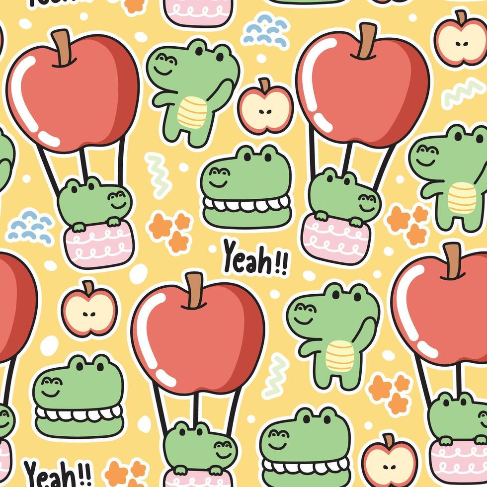 Seamless pattern of cute crocodile in various character cartoon background.Crocodile stay on apple balloon.Macaron,star,fruit hand drawn.Reptile animal.Kawaii.Vector.Illustration. vector