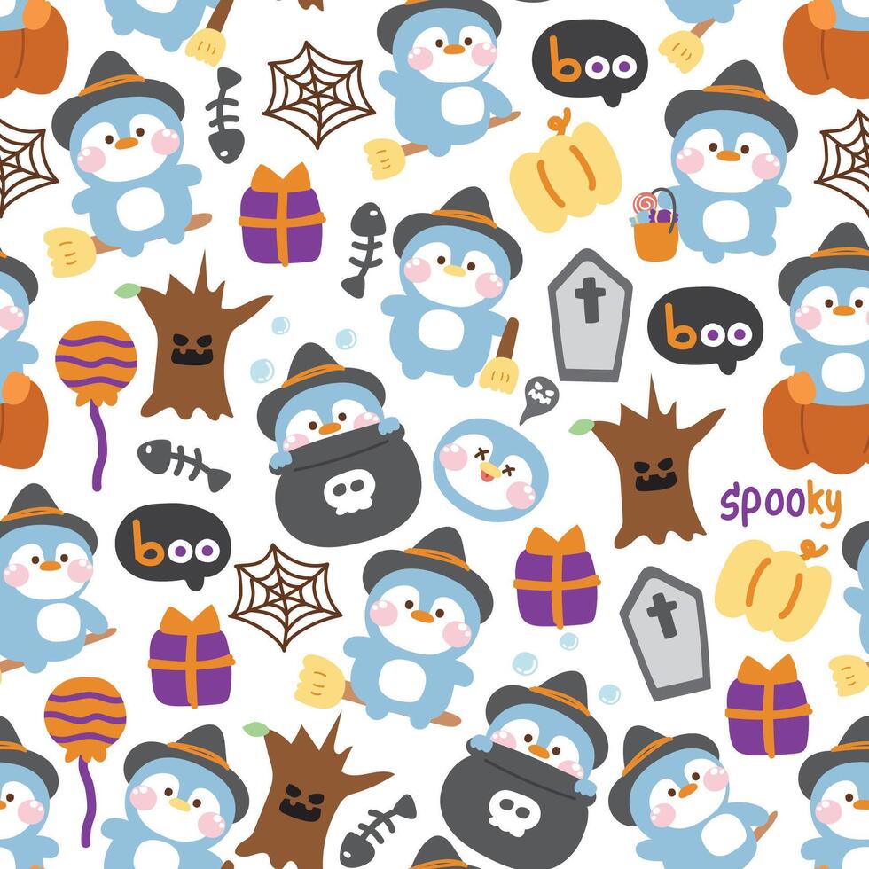 Seamless pattern of cute witch penguin with various halloween concept icon on white background.Bird animal cartoon.Poison,Gift,balloon,pumpkin,tree hand drawn.Kawaii.Vector.Illustration. vector