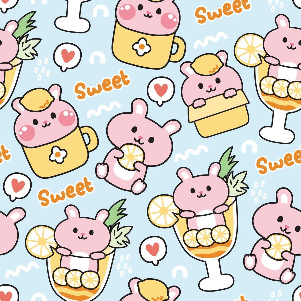 Seamless pattern of cute rabbit with lemon background.Summer.Bunny cartoon hand drawn.Character design.Sweet.Juice.Baby clothing.Kawaii.Vector.Illustration. vector