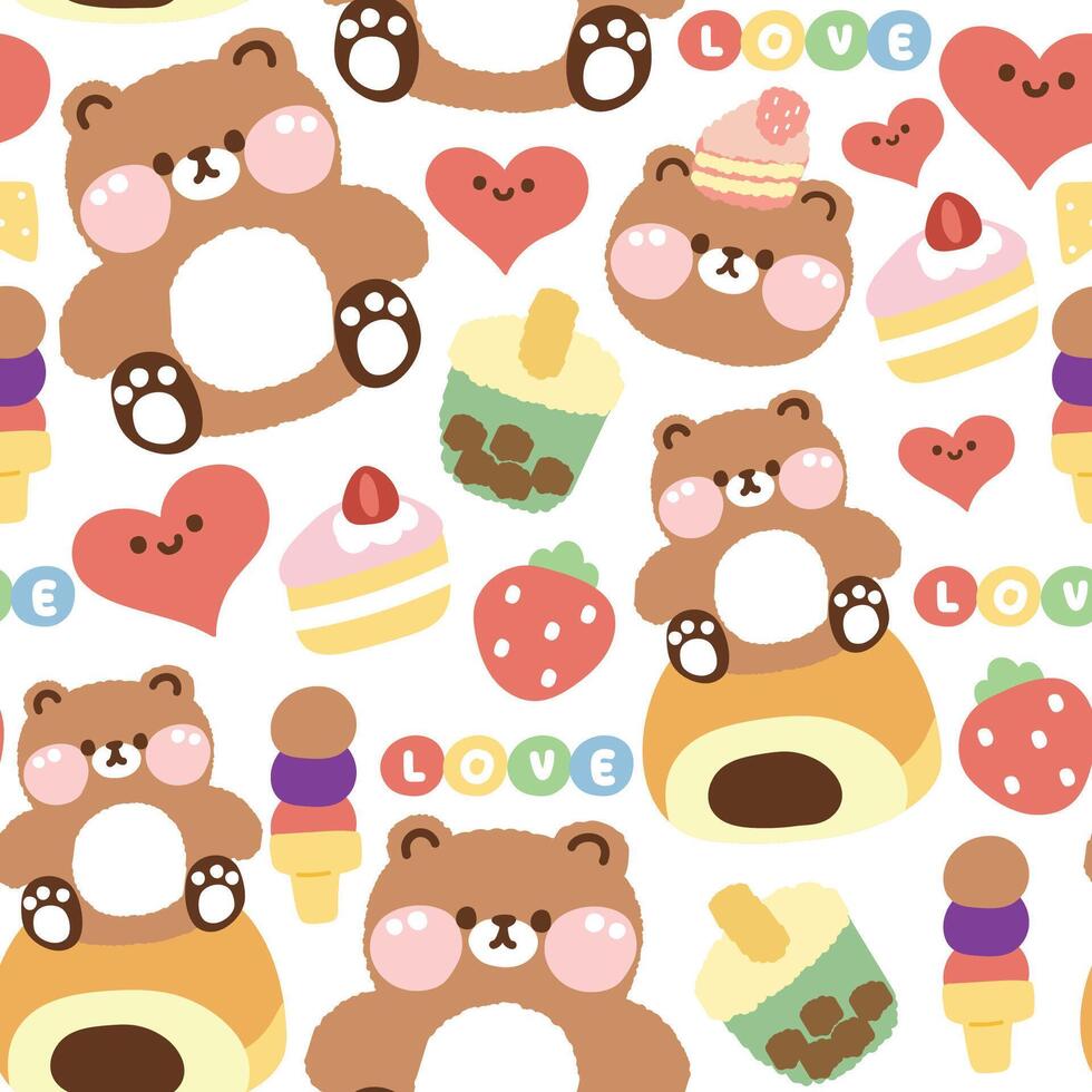 Seamless pattern of cute teddy bear with sweet and dessert icon on white background.Wild animal character cartoon design.Strawberry,cake,bubble milk tea,heart,love,bread.Kawaii.Vector.Illustration. vector