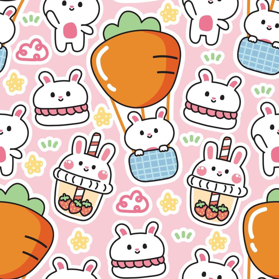 Seamless pattern of cute rabbit in various character cartoon background.Bunny stay on carrot balloon.Bubble milk tea.Macaron.Cloud,star,grass hand drawn.Easter.Kawaii.Vector.Illustration. vector