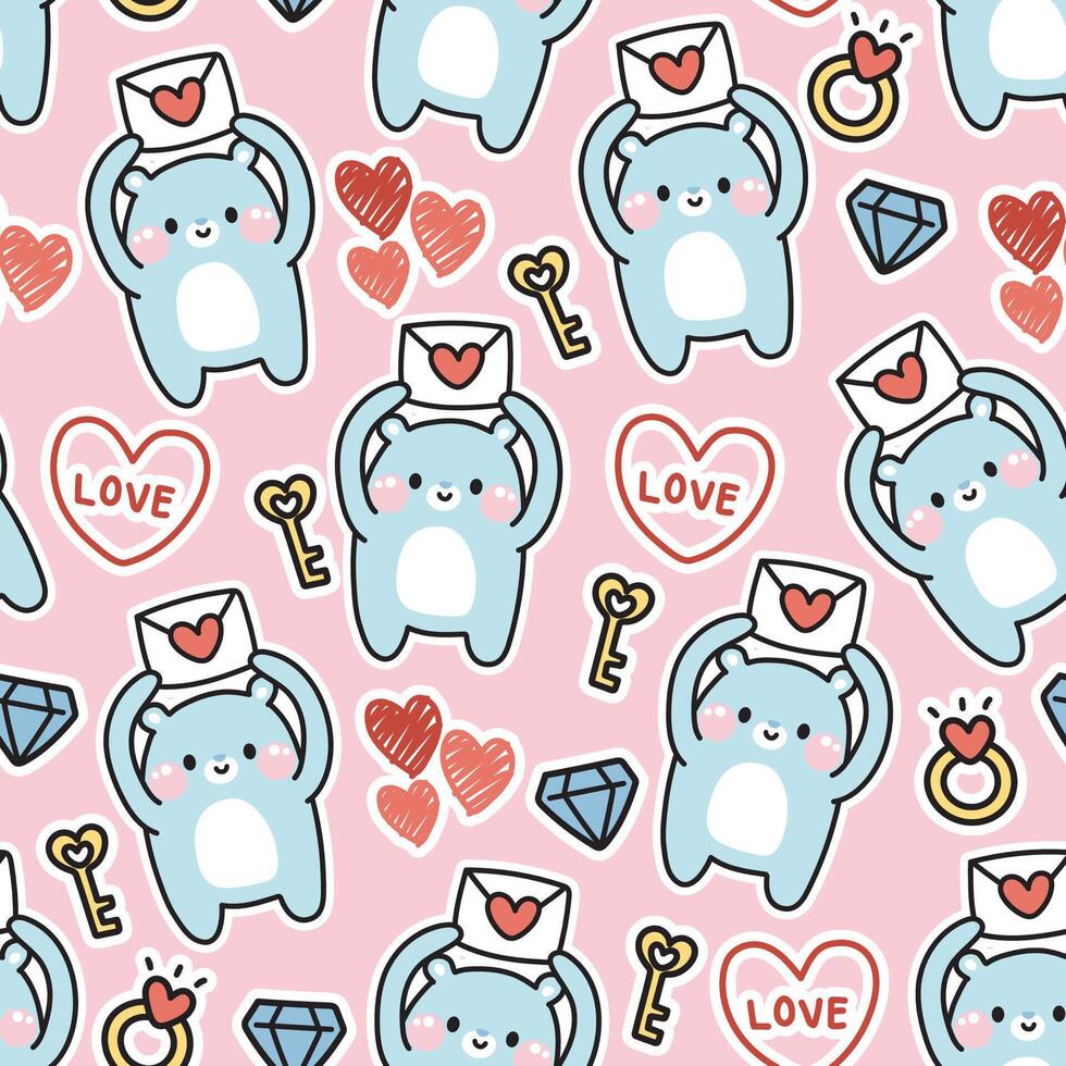 Seamless pattern of cute polar bear hold paper mail with various tiny icon on pink background.Teddy.Animal character cartoon design.Heart,key,dimond,married ring.Valentines.Kawaii.Vector.Illustration. vector