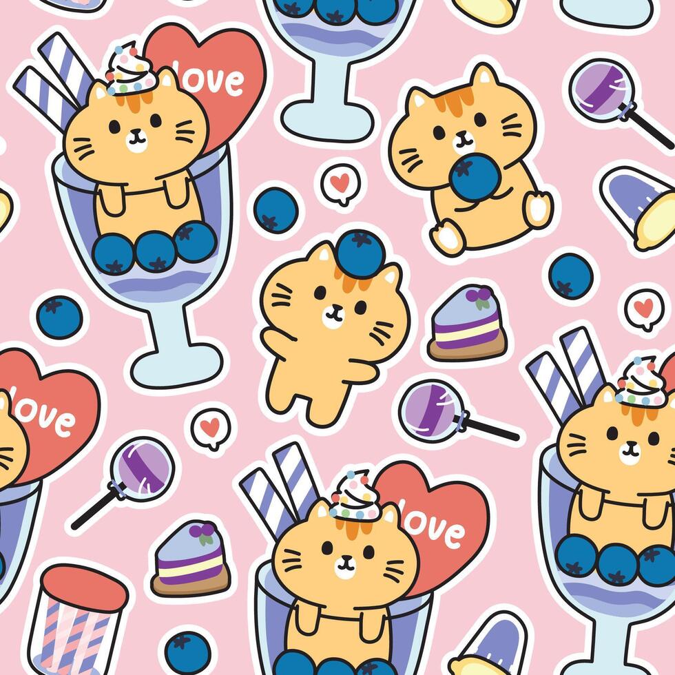 Seamless pattern of cute cat blueberry icecream on background.Pet animal character cartoon.Cake,candy,fruit,heart hand drawn.Baby clothing.Baby clothing.Meow.Kawaii.Vector.Illustration. vector