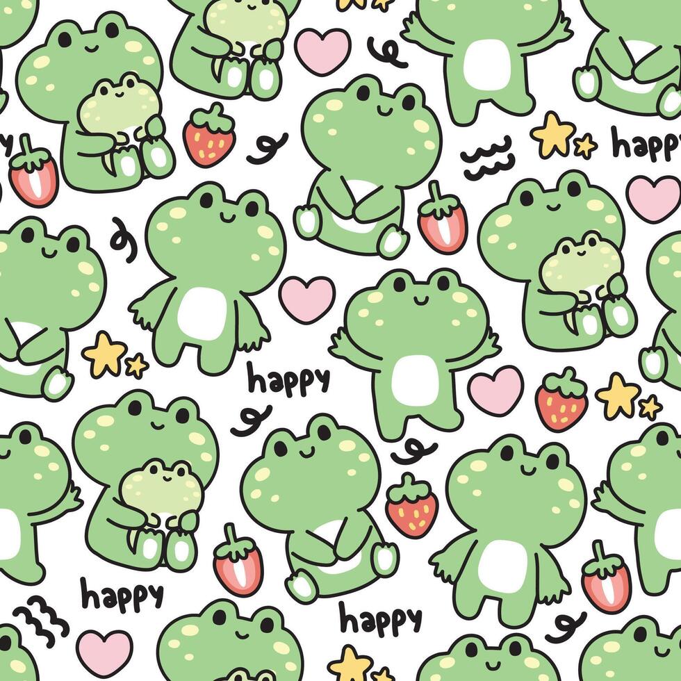 Seamless pattern of cute frog in various poses with tiny icon on white background.Heart,strawberry,star,happy text hand drawn.Reptile animal character cartoon design.Kawaii.Vector.Illustration. vector