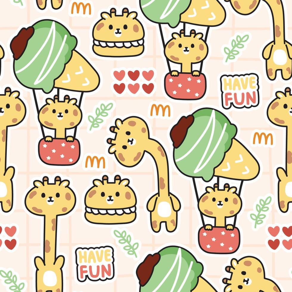 Seamless pattern of cute giraffe in various character cartoon background.Giraffe stay on ice cream balloon.Macaron,heart,leafhave fun text hand rawn.Wild animal.Kawaii.Vector.Illustration. vector
