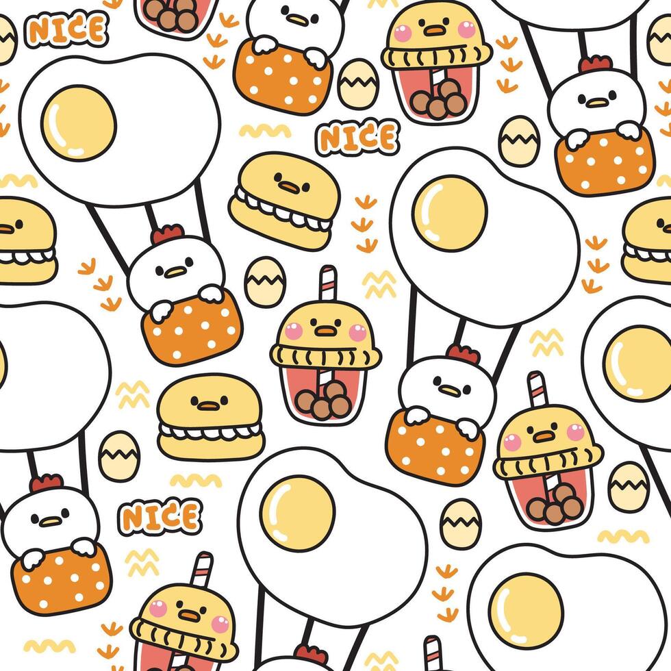 Seamless pattern of cute chicken in various character cartoon background.Hen stay on fried egg balloon.Bubble milk tea.Macaron.Farm animal.Bird.Nice text hand drawn.Kawaii.Vector.Illustration. vector