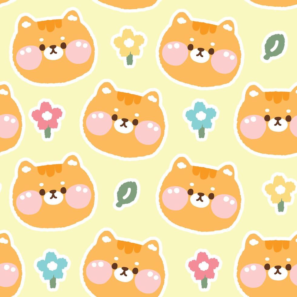 Seamless pattern of cute face cat pastel with flower and leaf background.Pet animal character cartoon design.Baby clothing.Meow.Kawaii.Vector.llustration. vector