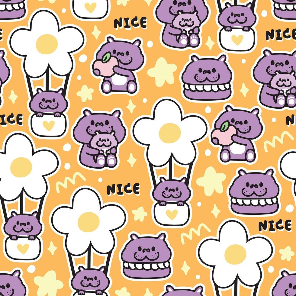Seamless pattern of cute hippopotamus in various poses background.Flower,Balloon,peach,macaron,star,nice text drawn.Wild animal character cartoon design.Kawaii.Vector.Illustration. vector