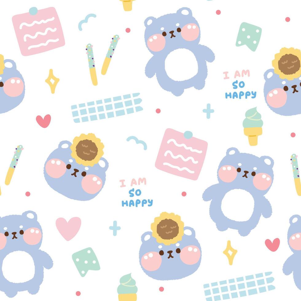 Seamless pattern of cute teddy bear pastel with tiny icon on white background.Wild animal character cartoon design.Paper note,heart,flower,heart,ice cream,snack hand drawn.Kawaii.Vector.Illustration. vector