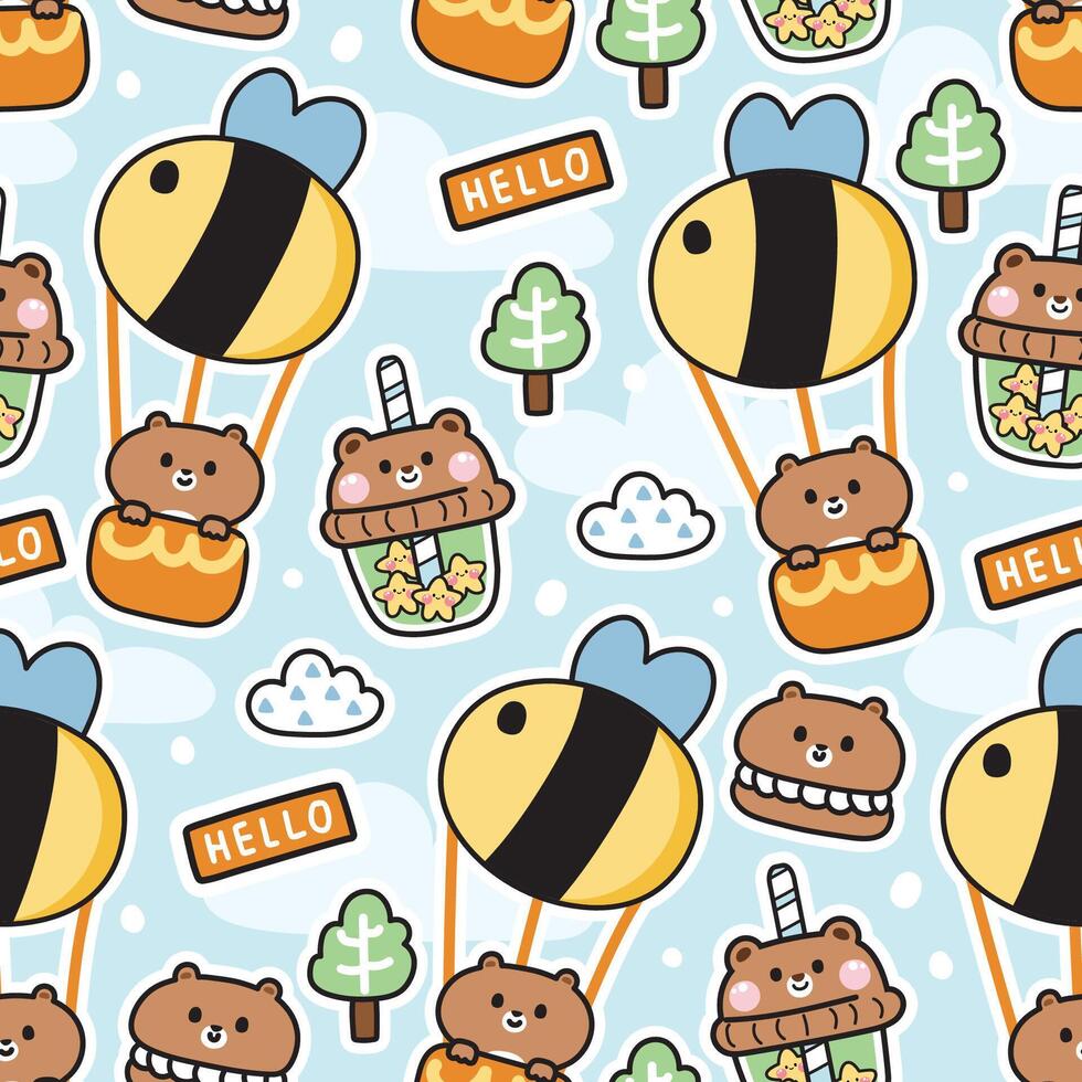 Seamless pattern of cute bear in various character cartoon background.Teddy stay on bee balloon.Bubble milk tea.Macaron.Cloud,tree,sky hand drawn.Wild animal.Kawaii.Vector.Illustration. vector
