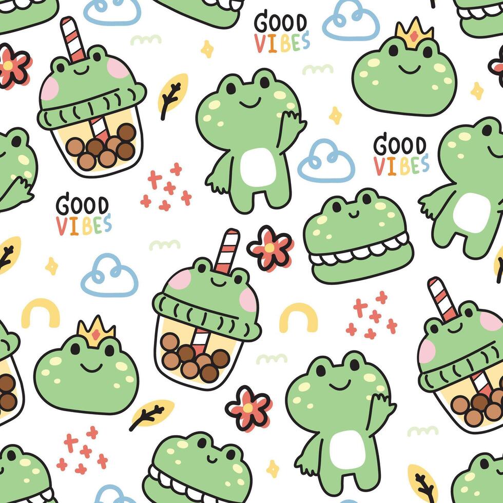 Seamless pattern of cute frog in various character cartoon background.Macaron,flower,cloud,good vibes text.Reptile animal.Kawaii.Vector.Illustration. vector