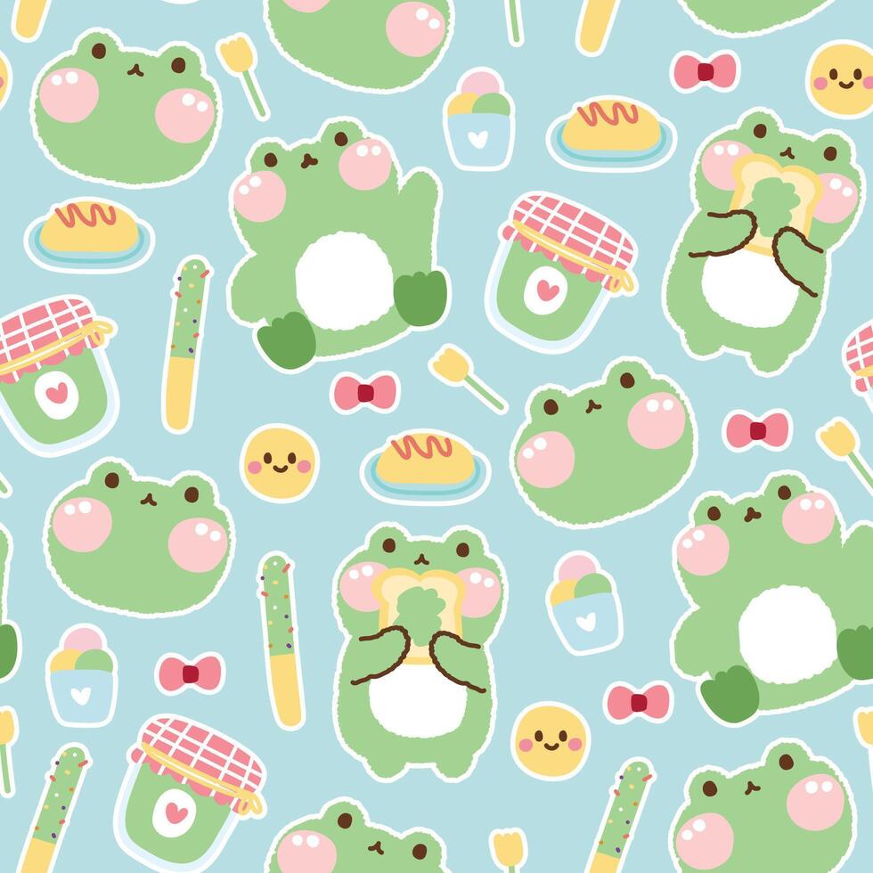 Seamless pattern of cute frog pastel with tiny icon background.Reptile animal character cartoon design.Jam,ice cream,omlet,flower,bow,dessert hand drawn.Baby clothing.Kawaii.Vector. vector