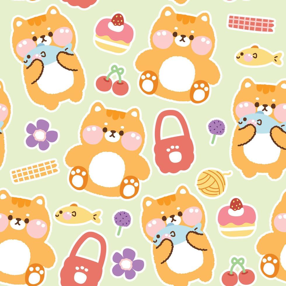 Seamless pattern of cute cat with tiny icon background.Pet animal cartoon.Cherry,strawberry cake,bag,flower,yarn,fish hand drawn.Meow.Kawaii.Vector.Illustration. vector