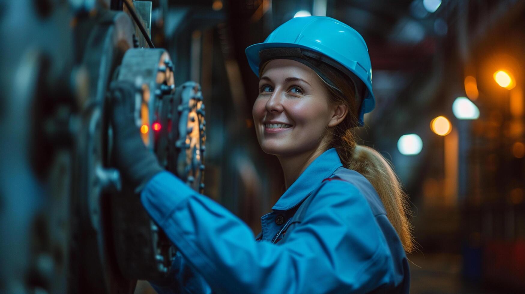 ai generado sonriente hembra trabajador en moderno industrial ambiente trabajando foto