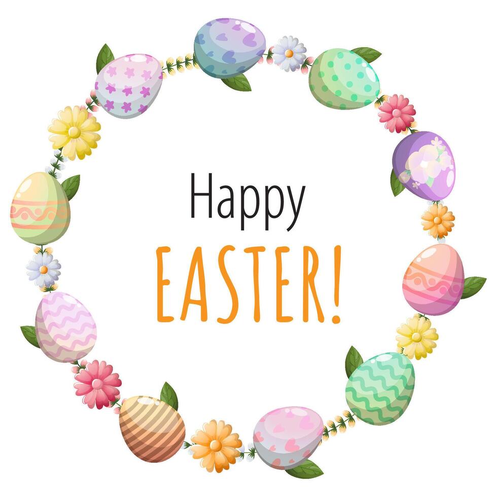Easter wreath with flowers and eggs. Vector greeting card with textbox